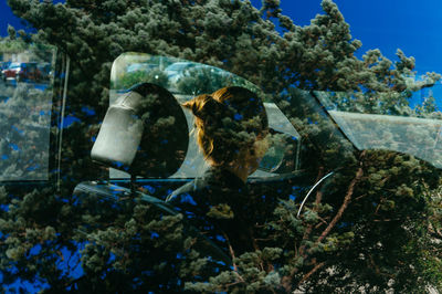 Double exposure image of woman in car with trees 
