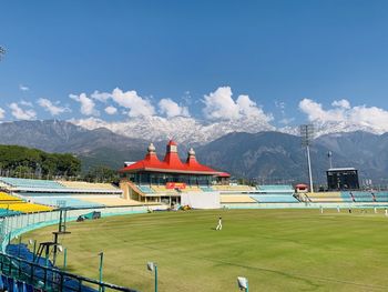 High angle view of cricket stadium against sky