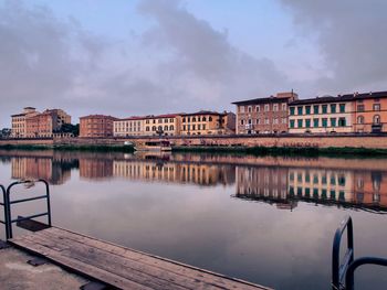 Reflection of buildings in lake against sky