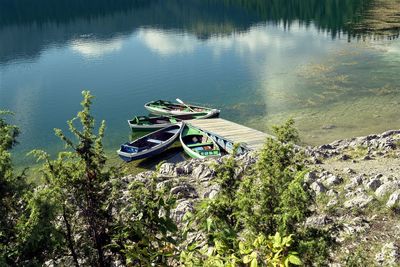 High angle view of boats moored in lake