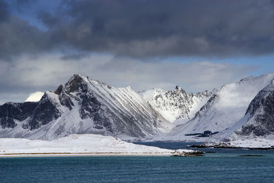 Scenic view of snowcapped mountains by sea against sky