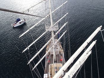 High angle view of ship sailing on river
