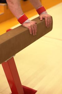 Cropped hands of person holding pommel horse in gym