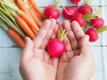Close-up of hand holding strawberries