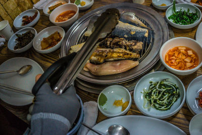 High angle view of meal served on table