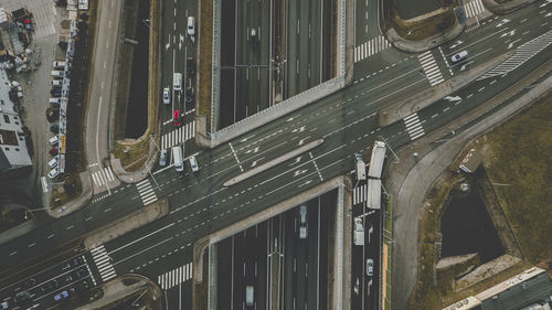 High angle view of train amidst buildings in city