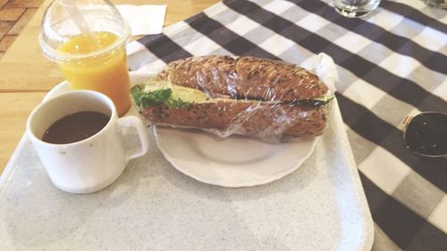High angle view of drink on table