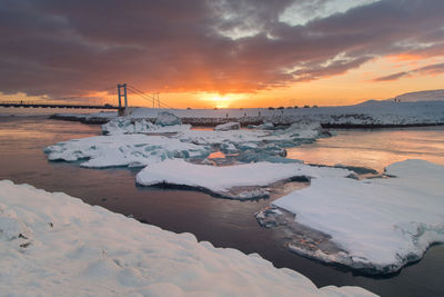 Icebergs at beach during sunset