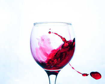 Close-up of red wine glass against white background