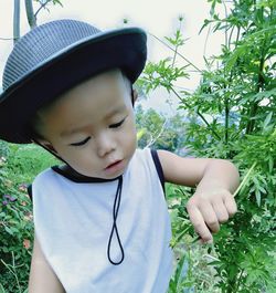 Close-up of cute baby boy wearing hat looking at plant