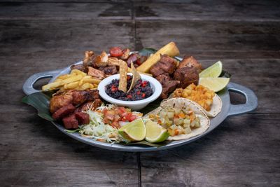 High angle view of meal served on table