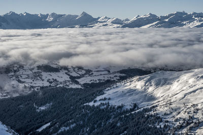 Scenic view of snow covered mountains