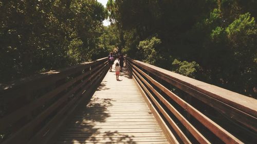 Rear view of woman walking on footbridge in forest