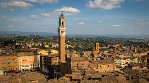 High angle view of buildings in old town against cloudy sky