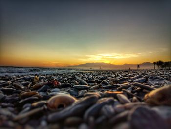 Surface level of pebbles on beach against sky during sunset