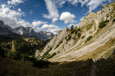 Scenic view of mountains against cloudy sky