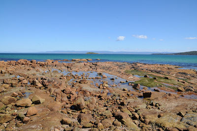 Scenic view of beach against blue sky