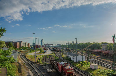 High angle view of railroad tracks against sky