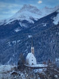 High angle view of cross on mountain during winter