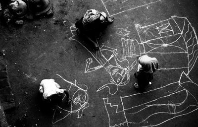 High angle view of people on street in city