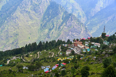High angle view of townscape against mountain