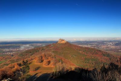 Aerial view of landscape against clear blue sky