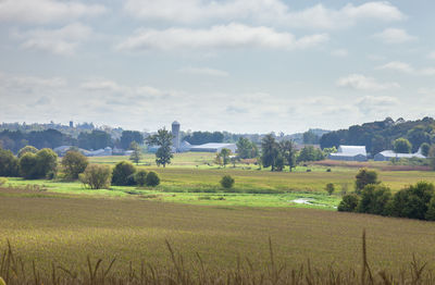 Scenic view of agricultural field against sky
