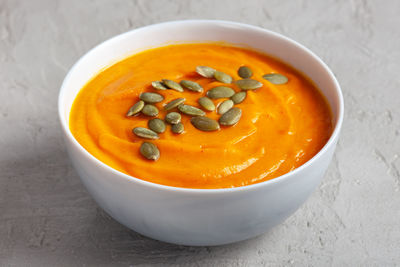 High angle view of soup in bowl on table