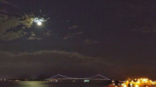 Low angle view of illuminated cityscape against sky at night