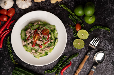 High angle view of salad in plate on table