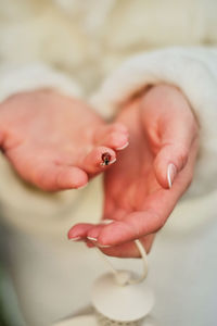 Close-up of woman hand holding ladybug