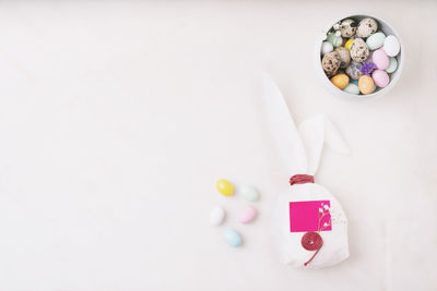 High angle view of multi colored candies on table