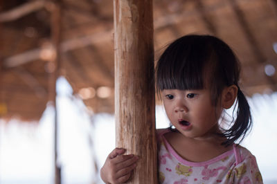 Close-up of cute girl holding wood