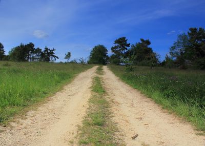 Dirt road amidst field against sky