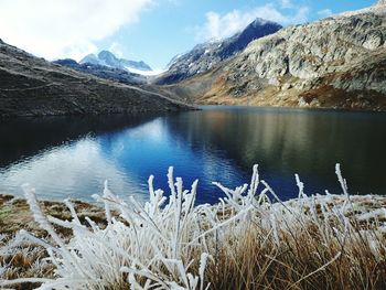 Scenic view of lake by snowcapped mountains