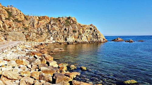 Scenic view of sea against clear blue sky