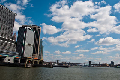 View of modern buildings against cloudy sky