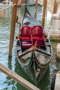 High angle view of nautical vessel moored in lake