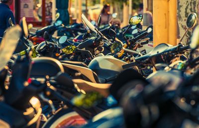 Motorcycles parked in city