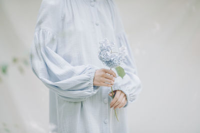 Midsection of woman holding blue hydrangeas against white background