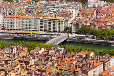 High angle view of buildings in city