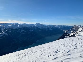 Scenic view of snowcapped mountains against blue sky