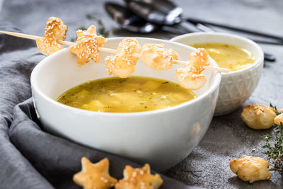 Close-up of soup in bowl on table