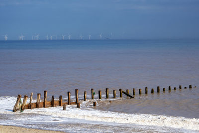 Groynes on the foreshore at spurn point, east yorkshire, with a view of an offshore wind farm