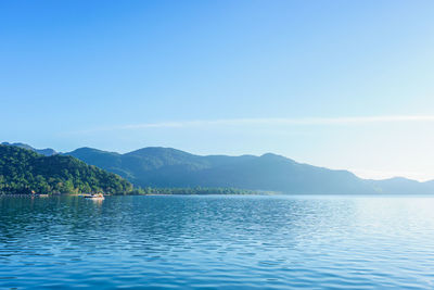 Scenic view of sea against clear blue sky