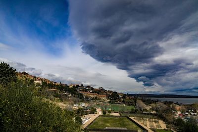 High angle view of townscape against sky