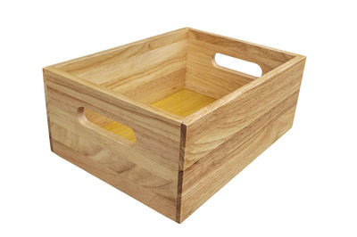 High angle view of wooden box against white background