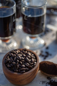 Still life with coffee beans, wooden spoon, making coffee at home