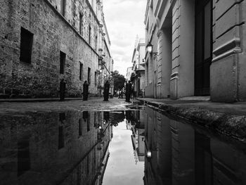 Reflection of buildings in puddle