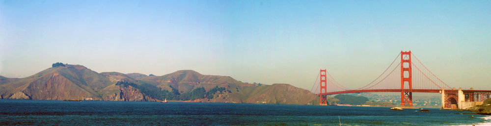 Panoramic view of mountains by golden gate against clear sky
